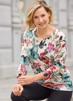 Hot BADER Pullover in Feinstrick mit Floraldessin CREME-JADEGRÜN-MULTICOLOR