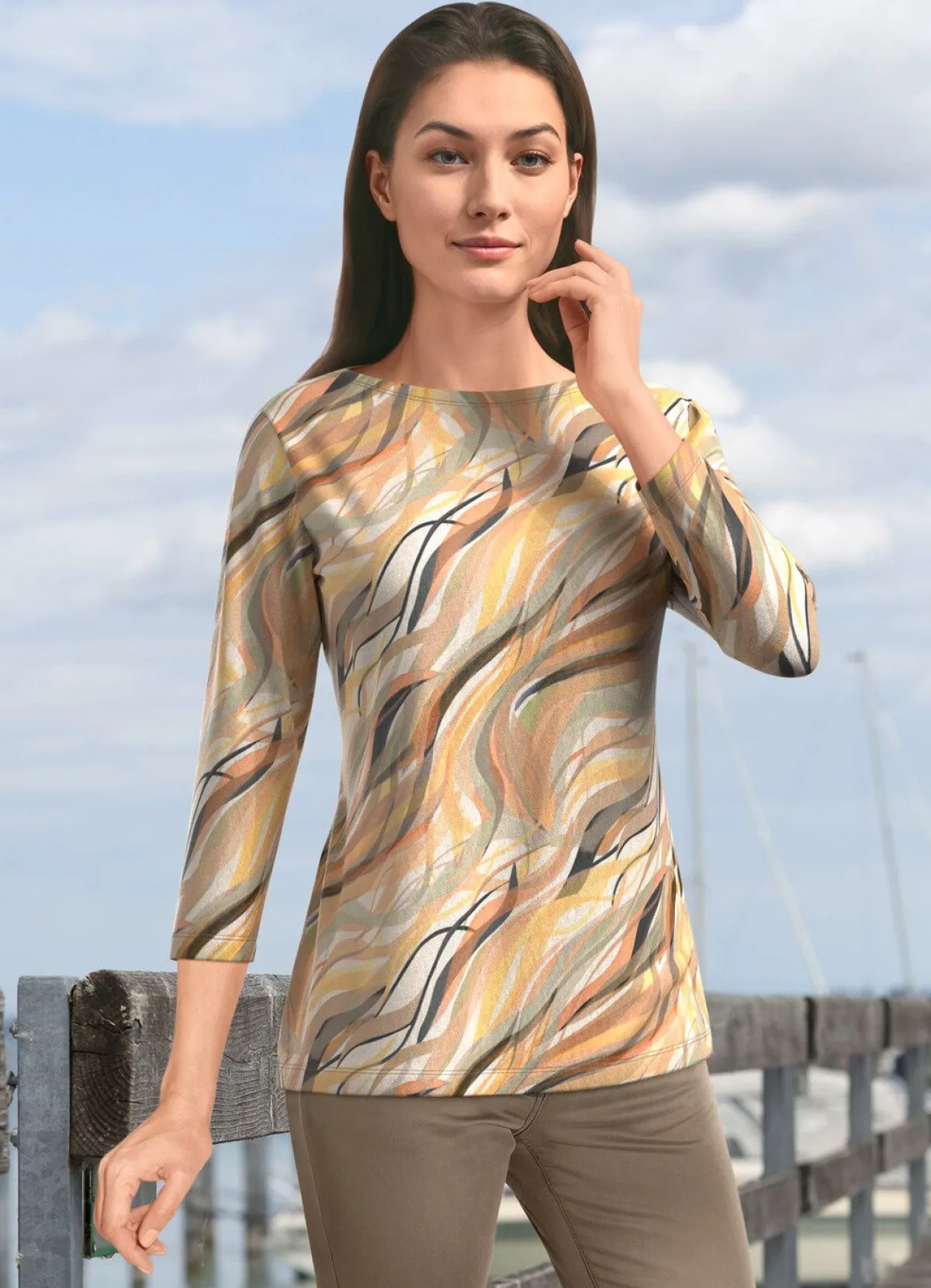 KLAUS MODELLE MADE IN GERMANY Pullover in Feinstrick mit Alloverdruck ECRU-GELB-MULTICOLOR