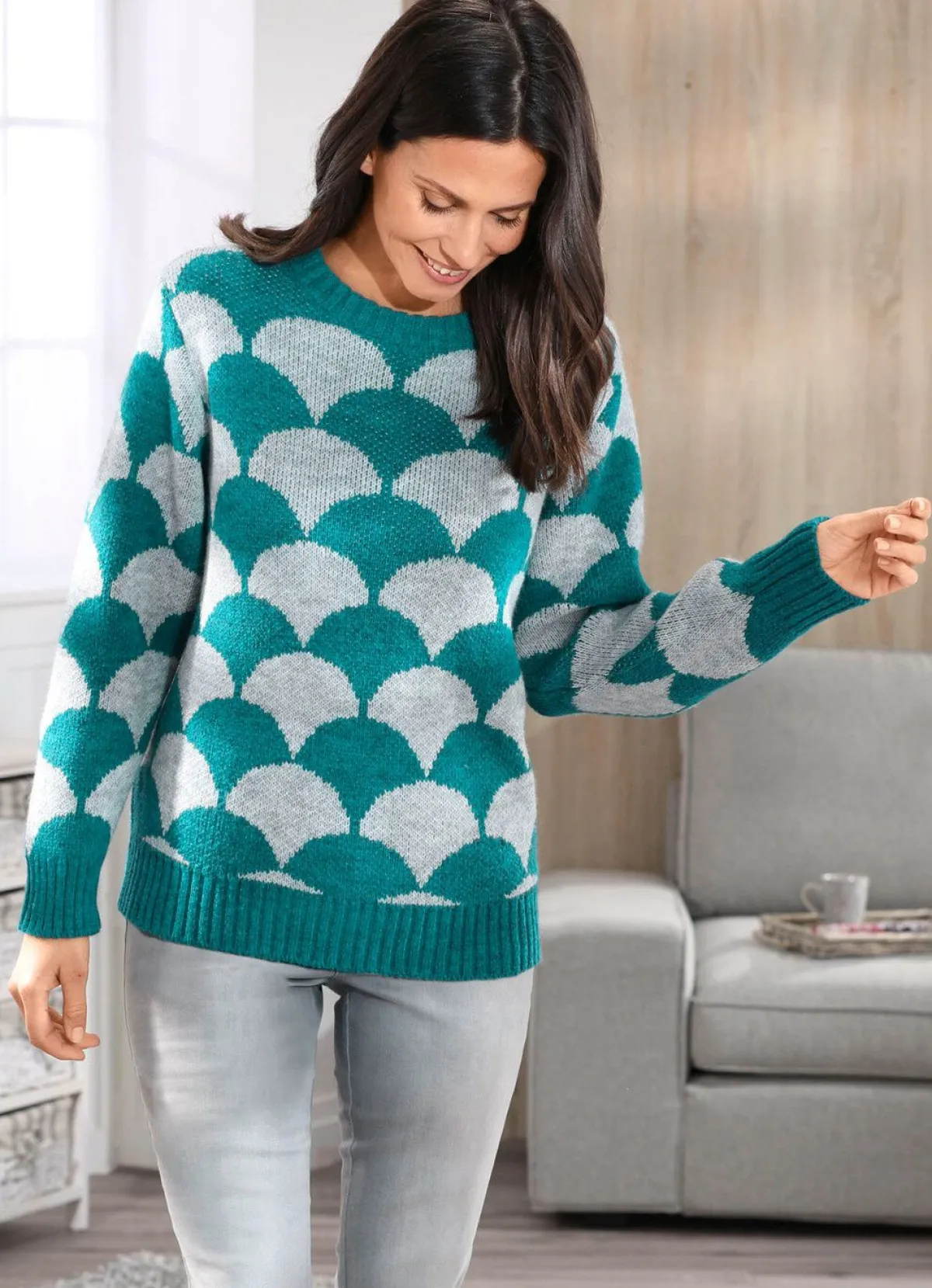 New BADER Pullover in flauschigem Jacquard-Dessin GRAU MELIERT-PETROL
