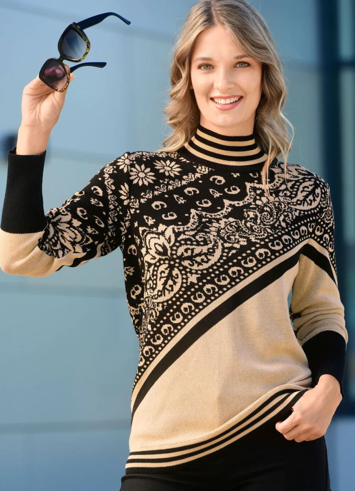 Hot BADER Pullover in Jacquard-Dessin BEIGE-SCHWARZ