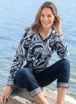 Hot BADER Pullover in Jacquard-Dessin DUNKELBLAU-WOLLWEISS