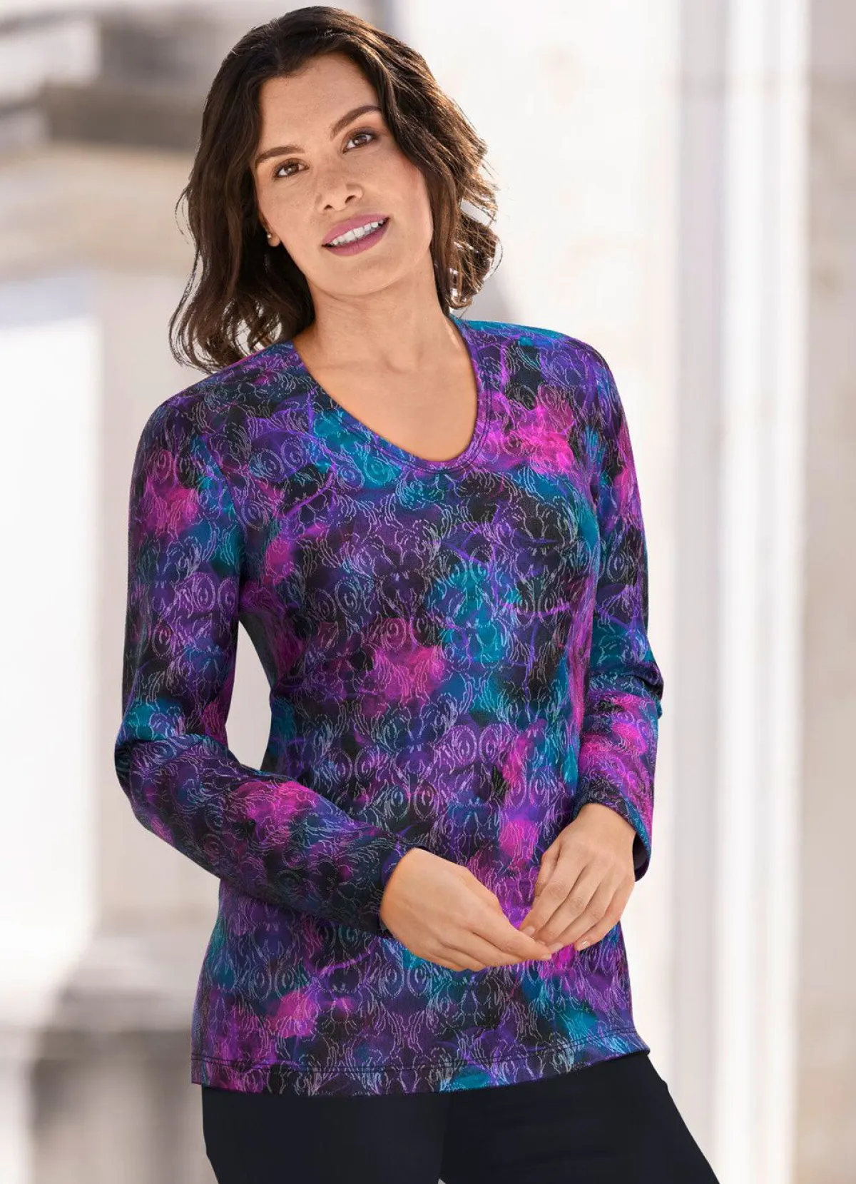 KLAUS MODELLE MADE IN GERMANY Pullover in Jacquard-Feinstrick MAGENTA-BLAU-MULTICOLOR