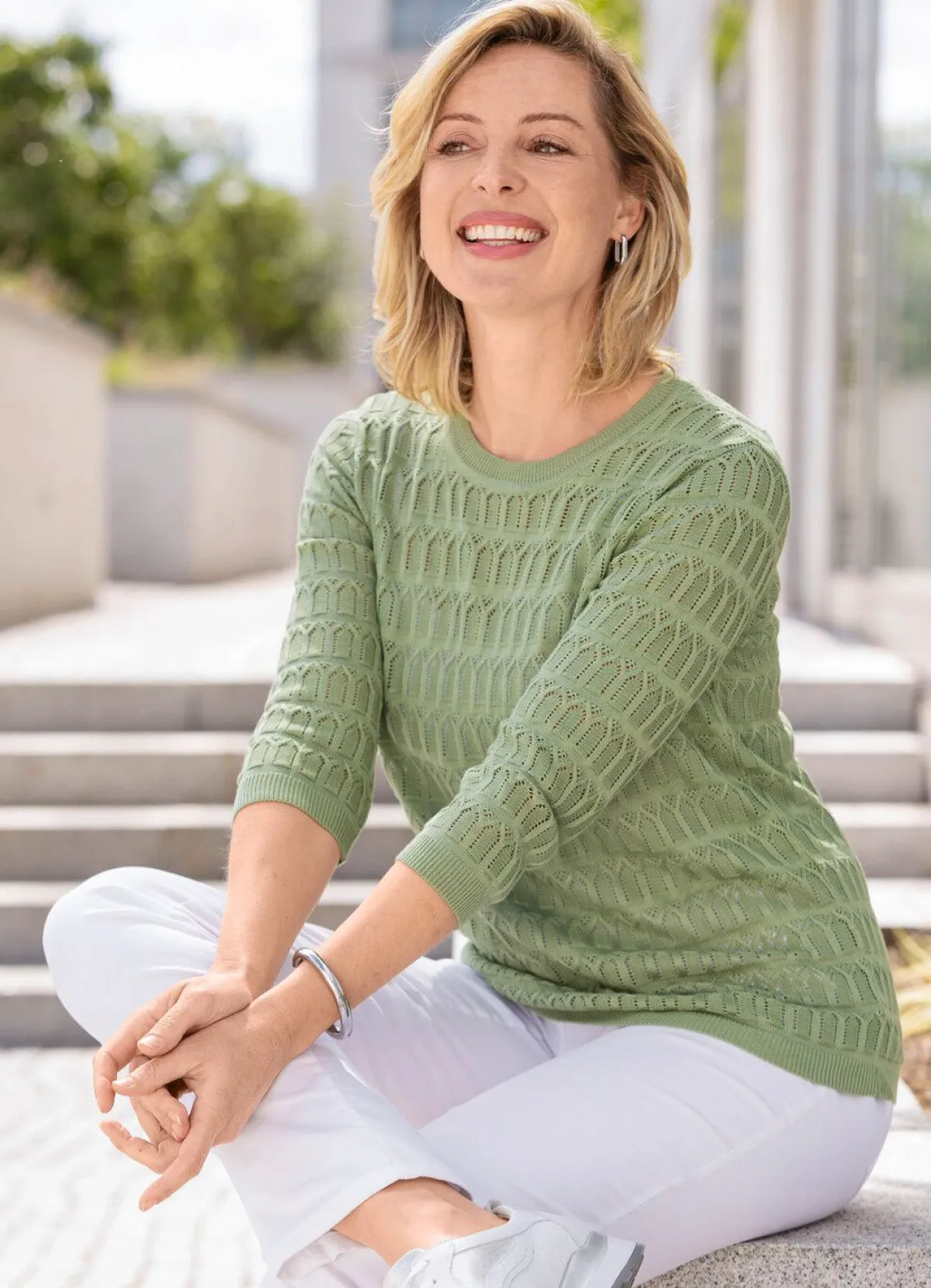 BADER Pullover in zartem Mustermix SCHILFGRÜN