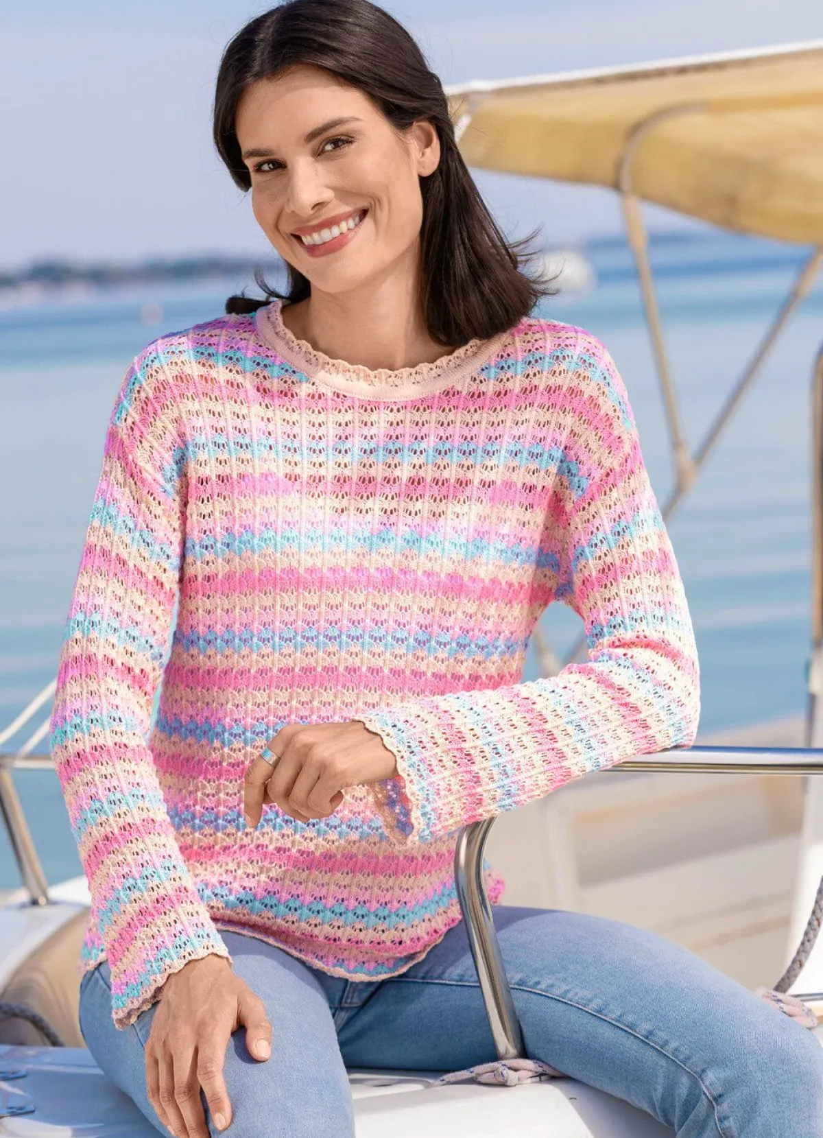 Hot BADER Pullover mit Ajourmuster im Ringeldessin ROSÉ-BEIGE-BLEU