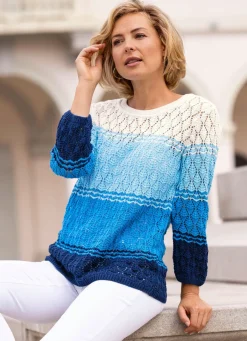 Sale BADER Pullover mit Ajour-Rautendessin WEISS-HELLBLAU-MULTICOLOR