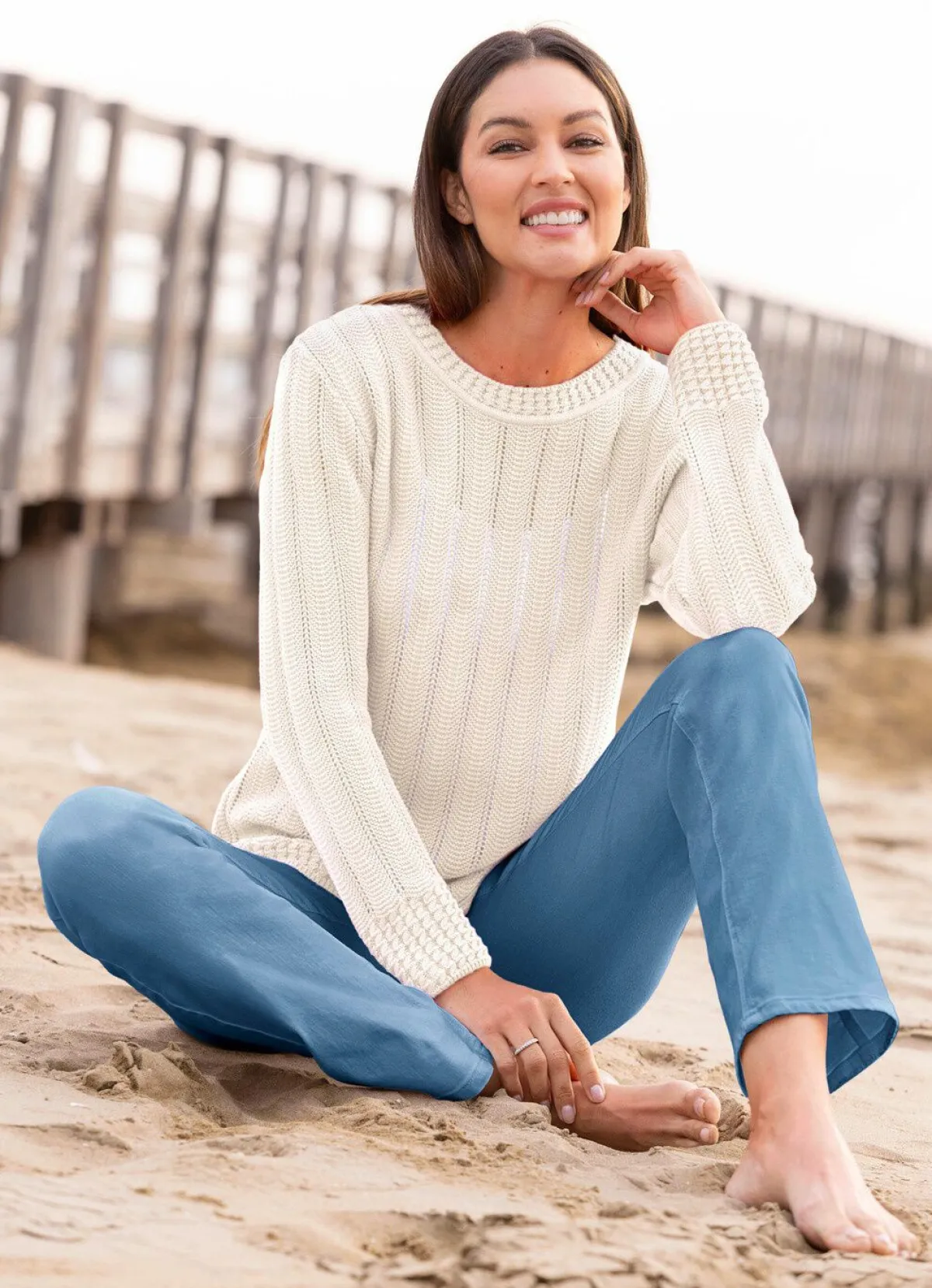 New BADER Pullover mit Ajourstreifen WOLLWEISS