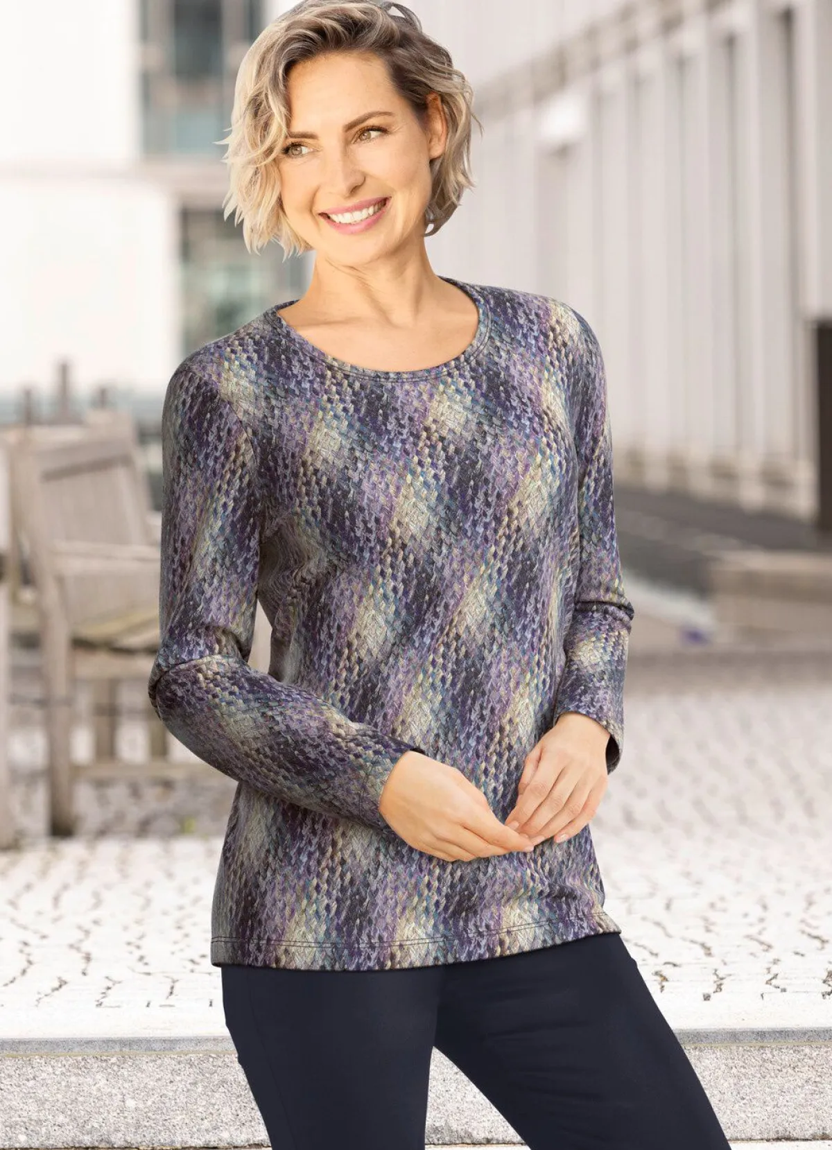 Clearance KLAUS MODELLE MADE IN GERMANY Pullover mit Alloverdruck MARINE-LILA-MULTICOLOR