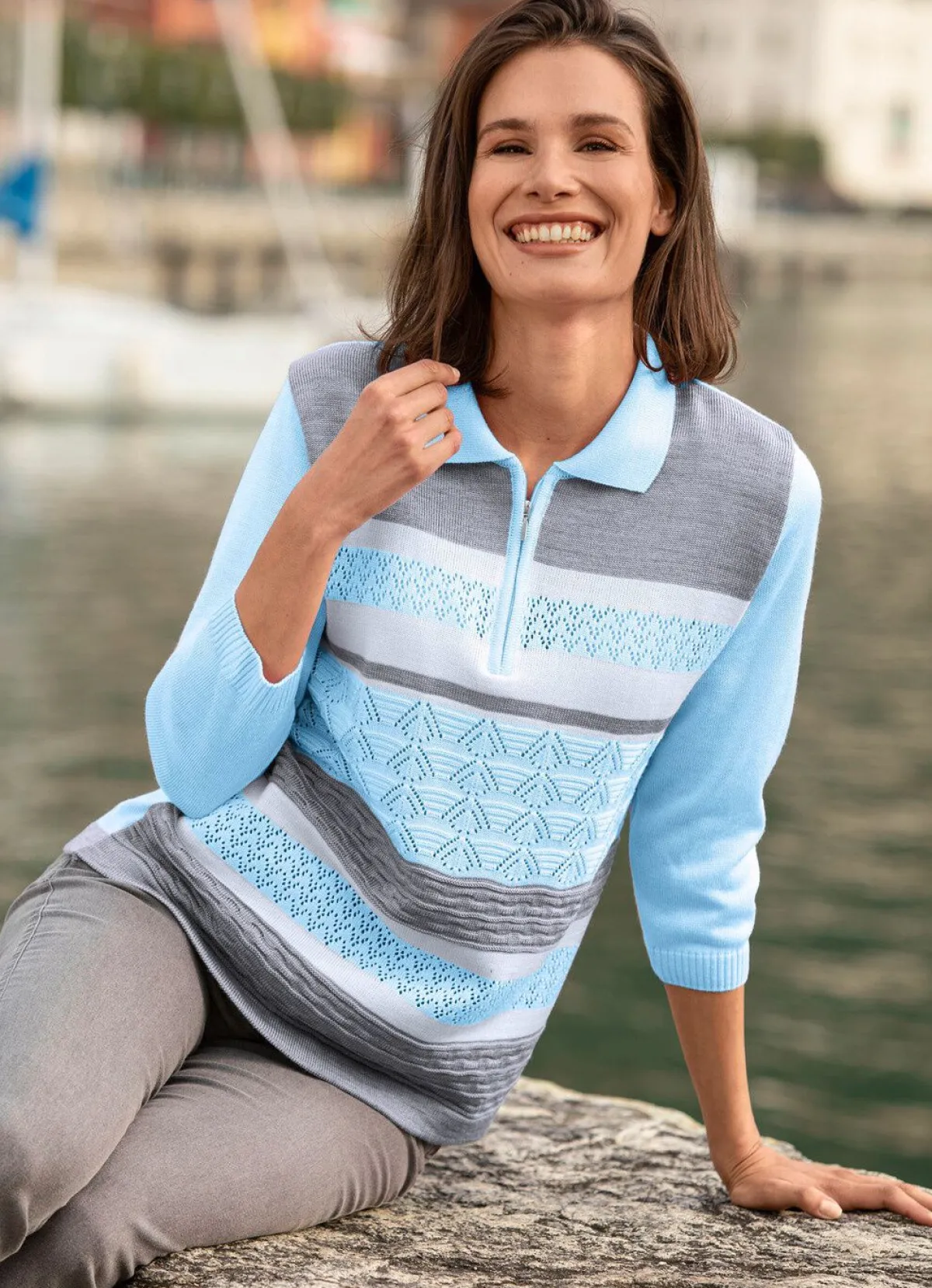 Best BADER Pullover mit dezentem Glanz BLEU-GRAU-WEISS