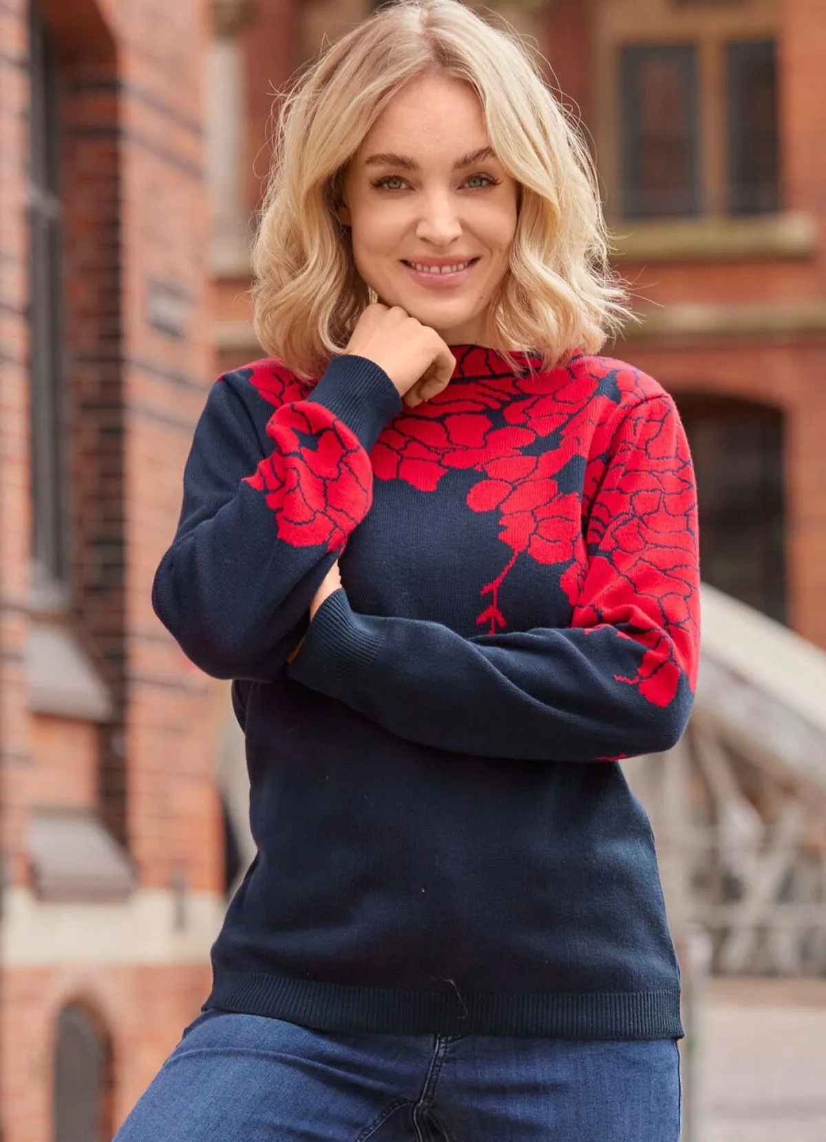 Discount laurakent Pullover mit floralen Jacquardakzenten MARINE-ROT