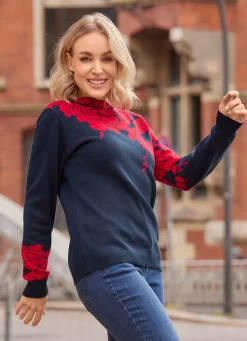 Discount laurakent Pullover mit floralen Jacquardakzenten MARINE-ROT
