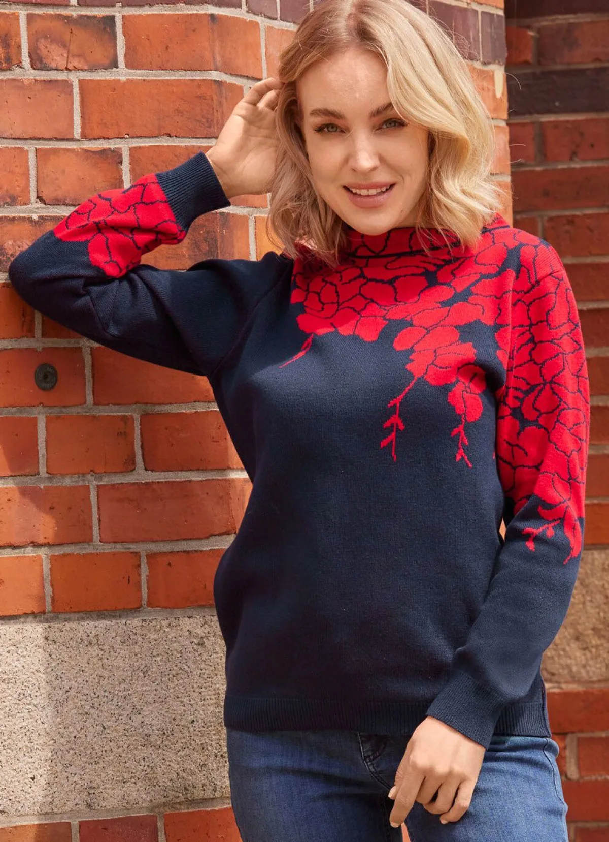 Discount laurakent Pullover mit floralen Jacquardakzenten MARINE-ROT