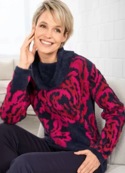 Online BADER Pullover mit haarigem Effektgarn MARINE-PINK-ROT