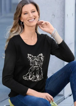 Online BADER Pullover mit Hund aus Bouclégarn SCHWARZ-BEIGE MELIERT