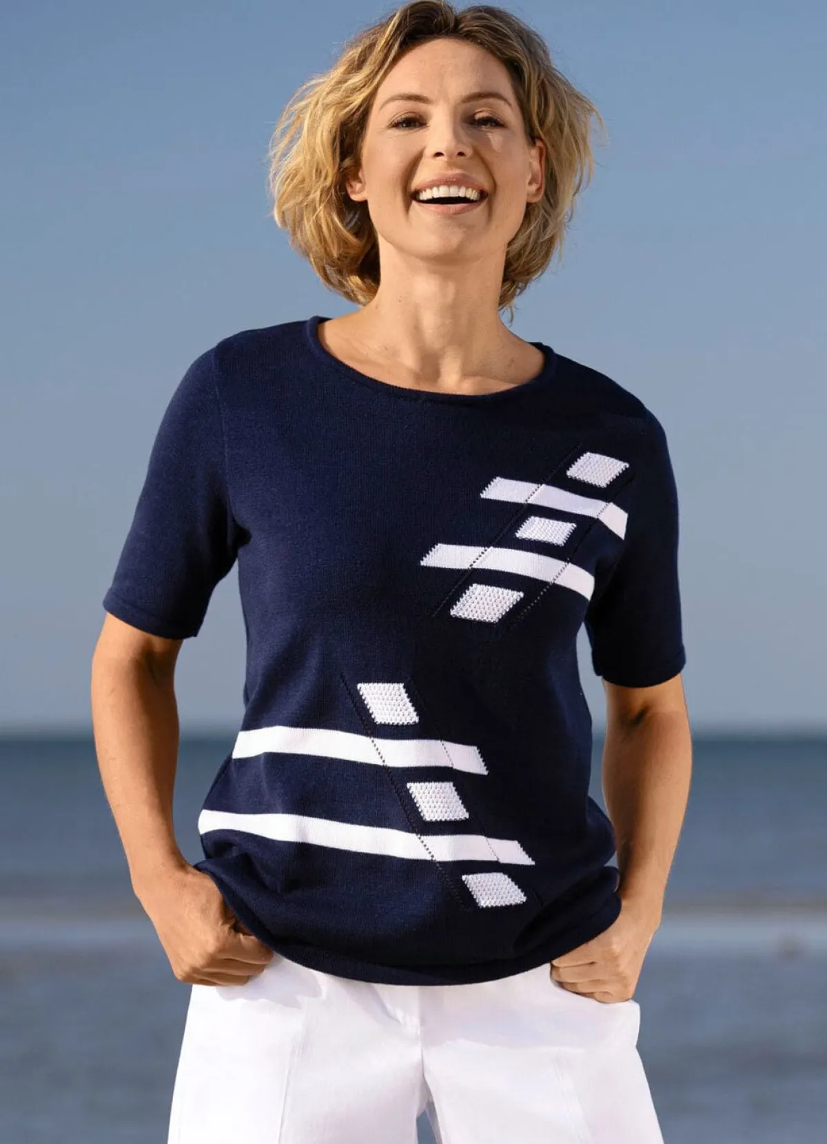 Sale BADER Pullover mit Intarsien-Vorderteil MARINE-WEISS