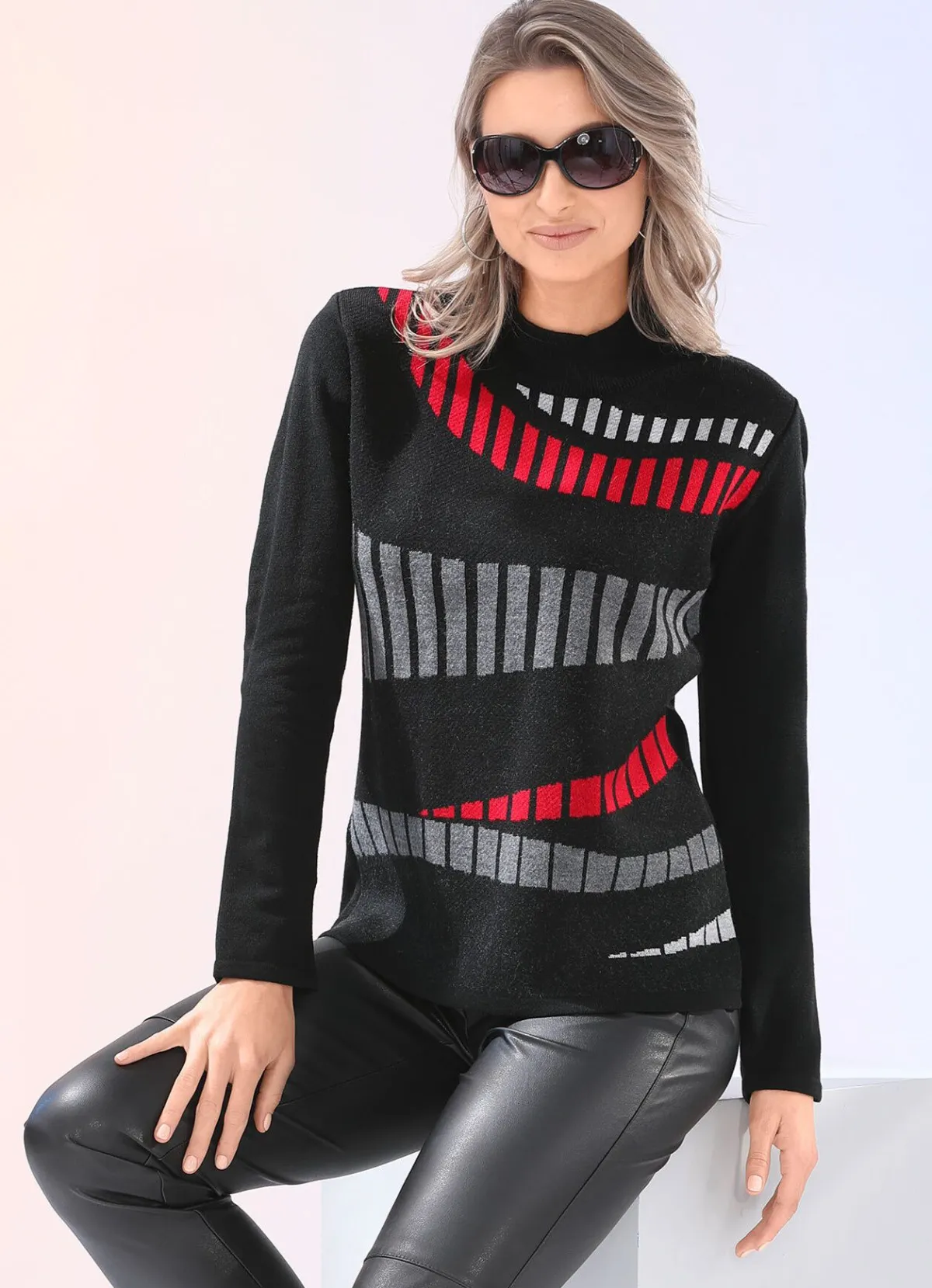 BADER Pullover mit Jacquard-Vorderteil SCHWARZ-ROT-GRAU