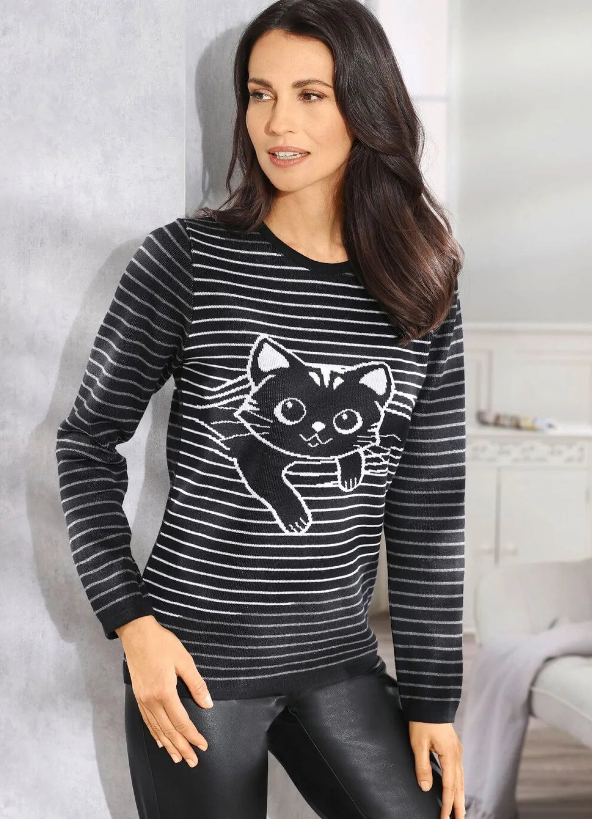 Clearance BADER Pullover mit niedlichem Katzenmotiv SCHWARZ-GRAU MELIERT-WEISS