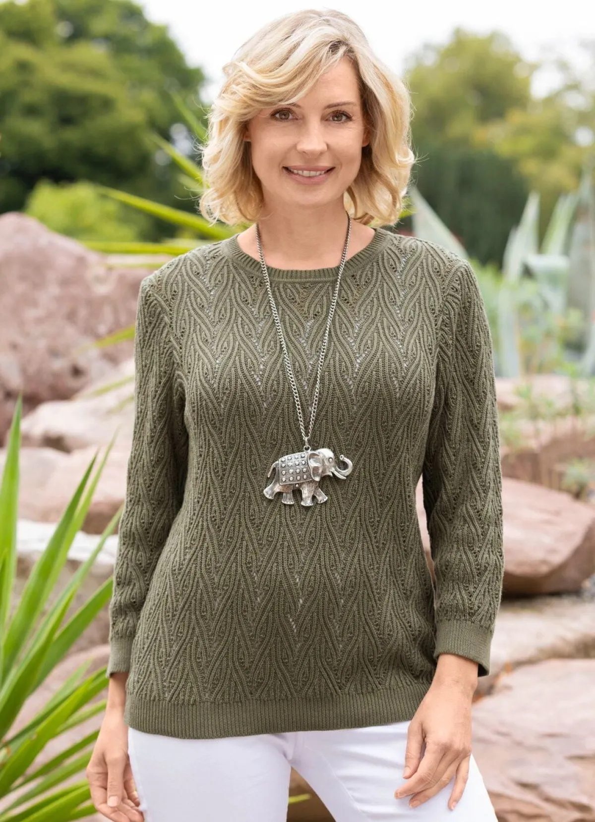 Discount BADER Pullover mit raffinierter Struktur mit Ajourakzenten KHAKI