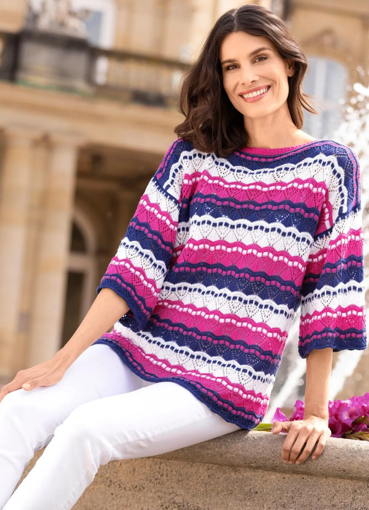 Best BADER Pullover mit Ringeldessin DUNKELBLAU-FUCHSIA-ECRU