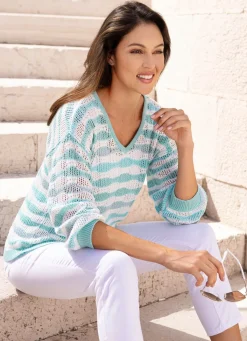 New BADER Pullover mit Ringeldessin WEISS-MINT-HELLGRAU MELIERT
