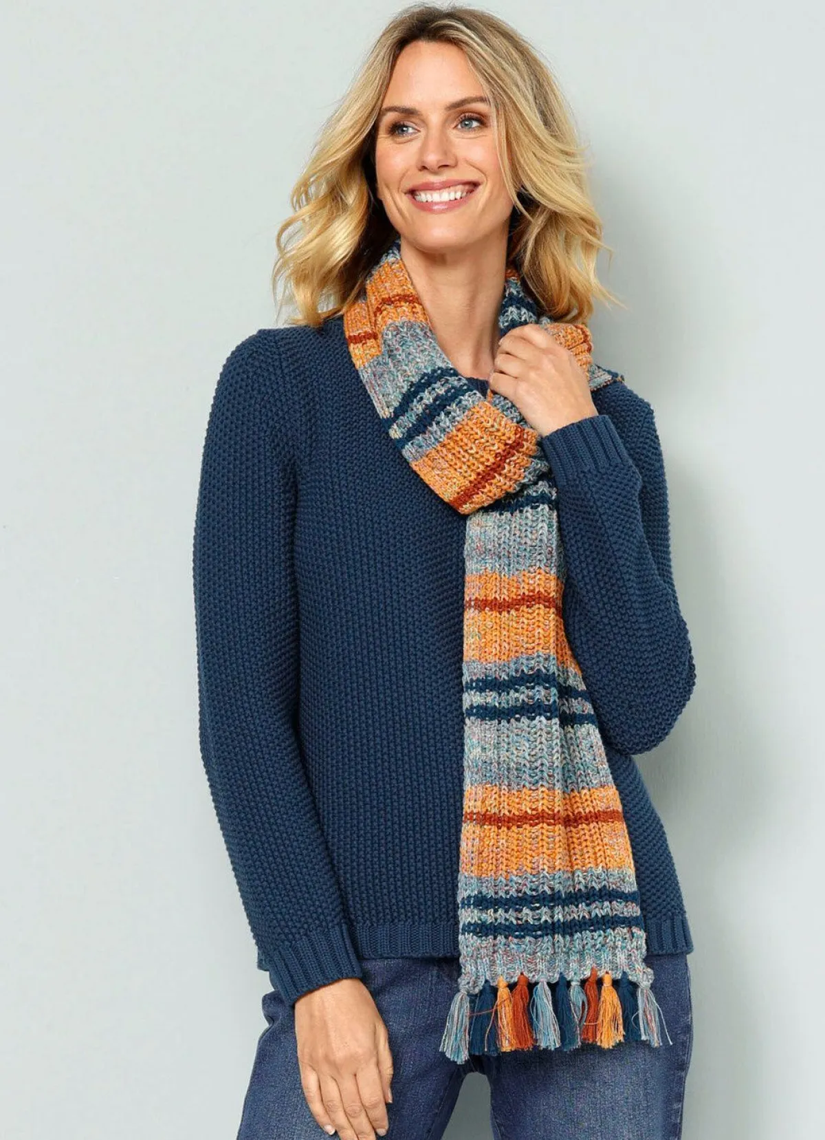 Best BADER Pullover mit Schal in Grobstrick PETROL-COGNAC-MINT