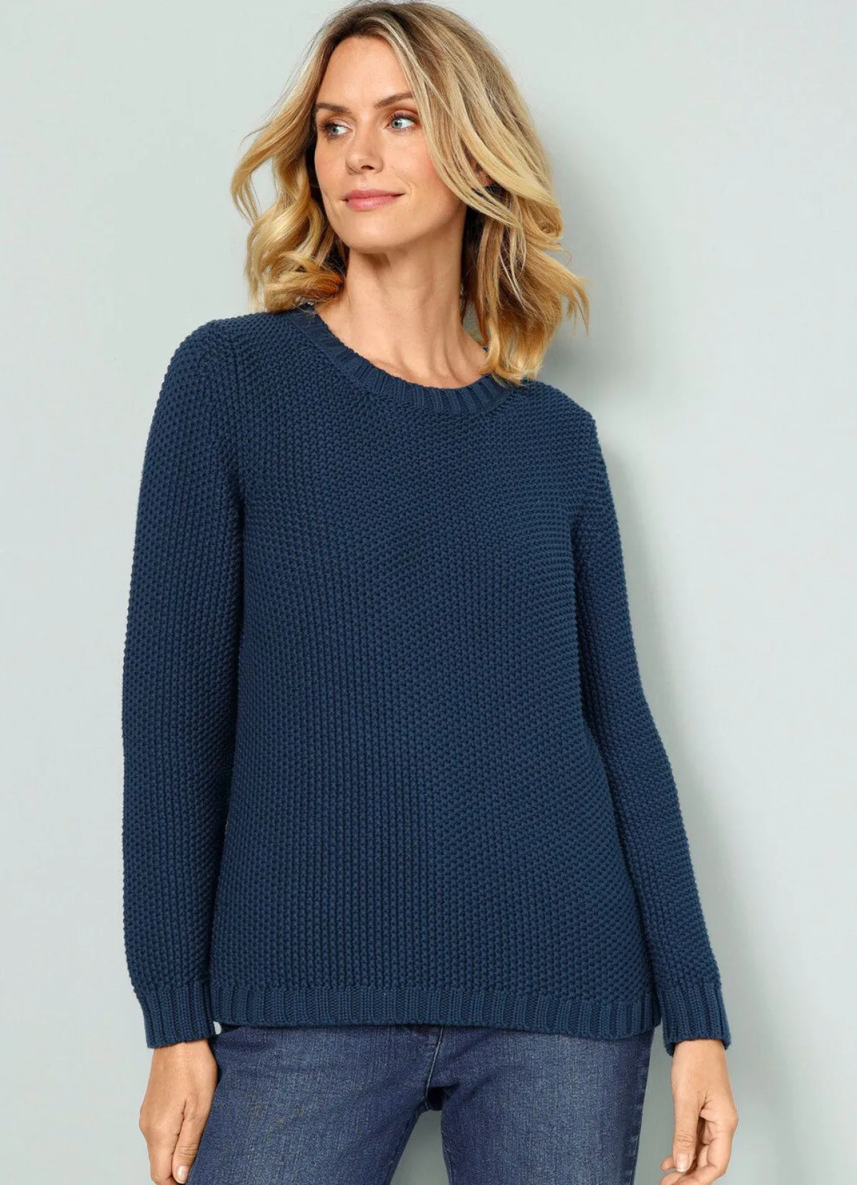 Best BADER Pullover mit Schal in Grobstrick PETROL-COGNAC-MINT
