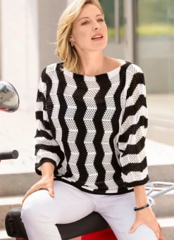 New BADER Pullover mit streckendem Wellendessin SCHWARZ-WEISS