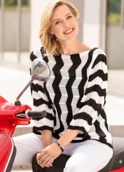 New BADER Pullover mit streckendem Wellendessin SCHWARZ-WEISS