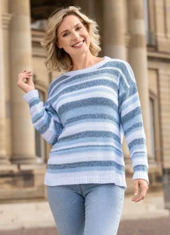 Online BADER Pullover mit tollem Ringelmuster WEISS-DUNKELBLAU MELIERT-HELLBLAU MELIERT