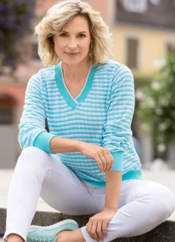 Hot BADER Pullover mit Wabenstruktur im Ringeldessin MINT-WEISS