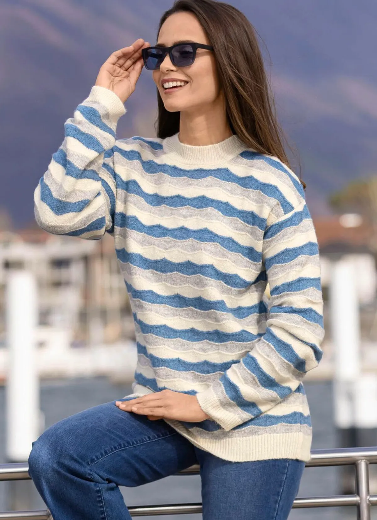 Outlet BADER Pullover mit Wellenmuster ECRU-BLEU-HELLGRAU