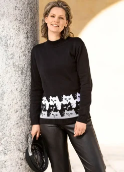 BADER Pullover mit witzigen Katzen SCHWARZ-WEISS-GRAU