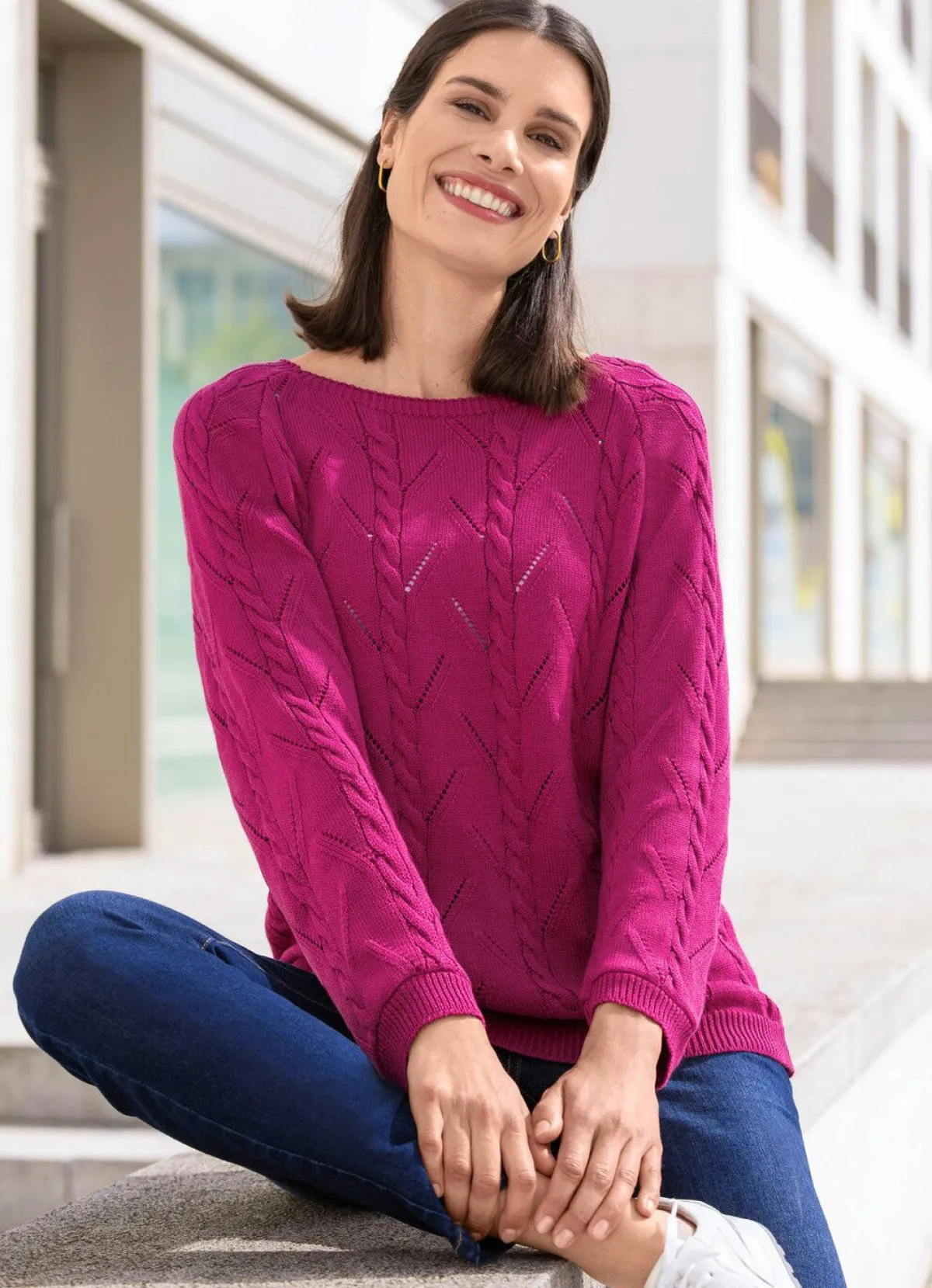 Hot BADER Pullover mit Zopfstrukturen und Ajourmustermix MAGENTA
