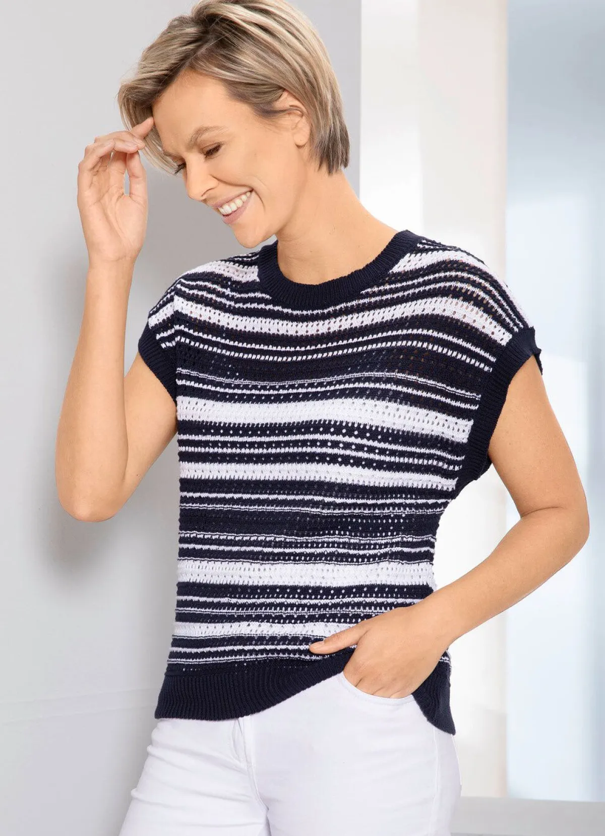 Sale BADER Pullunder in Ringeldessin MARINE-WEISS