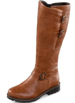 Hot Remonte , gefütterte Damen-Stiefel, Winterschuhe, Weite G, mit Lammfell COGNAC