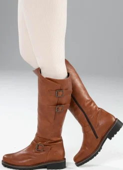 Hot Remonte , gefütterte Damen-Stiefel, Winterschuhe, Weite G, mit Lammfell COGNAC