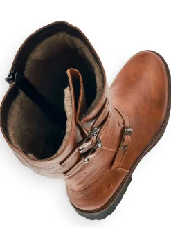 Hot Remonte , gefütterte Damen-Stiefel, Winterschuhe, Weite G, mit Lammfell COGNAC