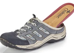Outlet Rieker , klassische Damen-Clogs, mit Elastik-Zierschnürung JEANS-BEIGE