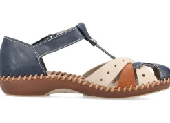 Outlet Rieker , leichte Damen-Sandalen, Weite G, mit Klettverschluss MARINE-BEIGE-COGNAC
