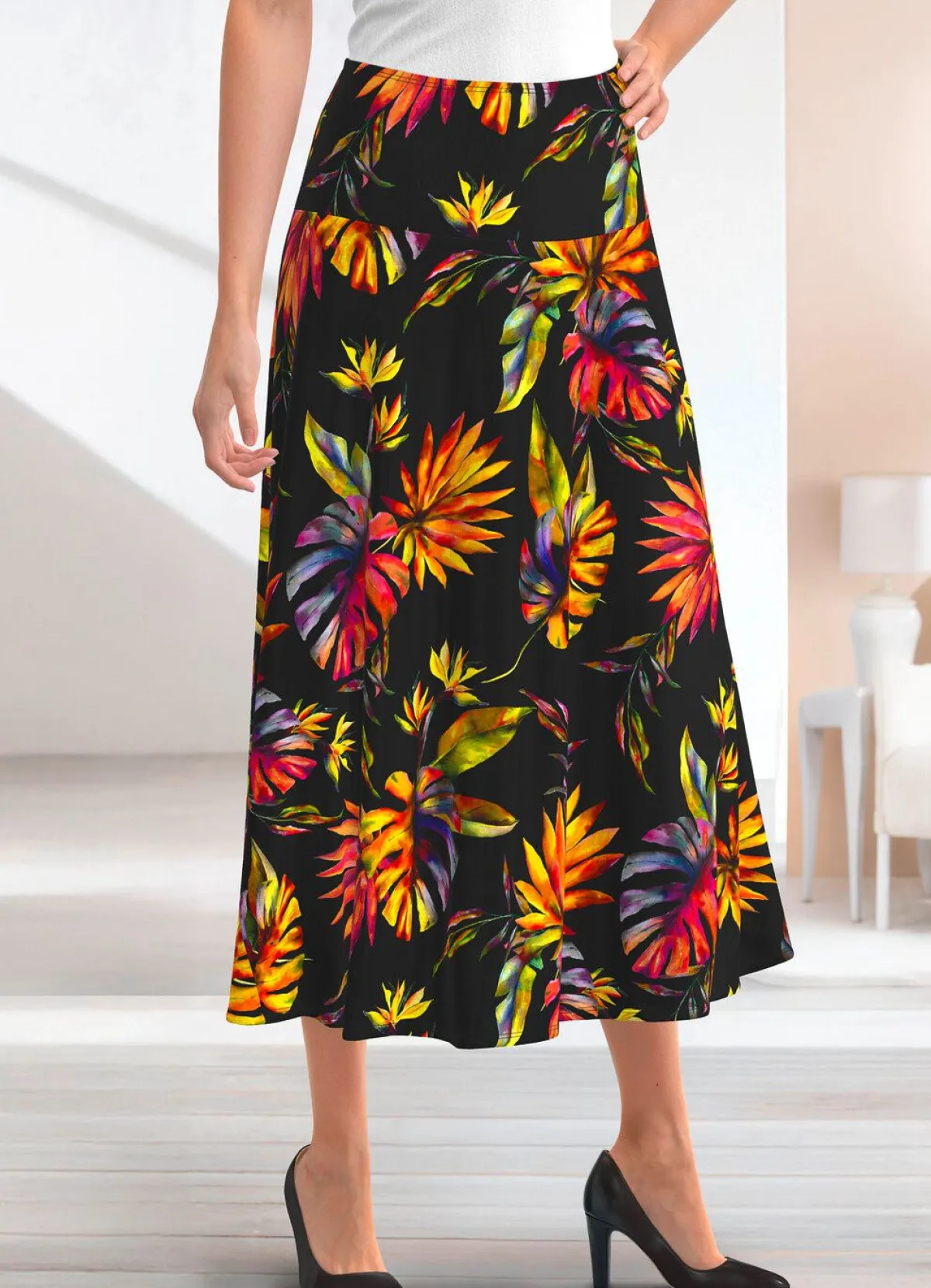 Hot KLAUS MODELLE MADE IN GERMANY Rock mit farbbrillantem Druck SCHWARZ-BUNT