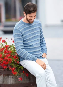 New BADER Rundhalspullover mit Strukturdessin in 2 Farben HELLBLAU MELIERT