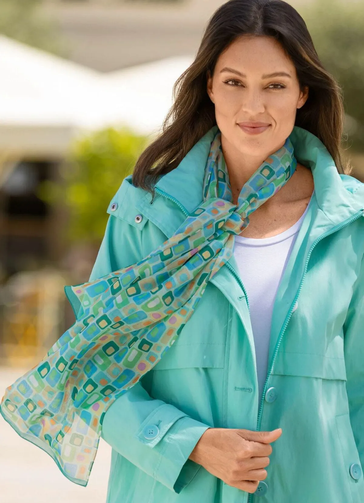 Outlet BADER Schal mit geometrischem Dessin LINDGRÜN-AQUA-SAND-ORANGE