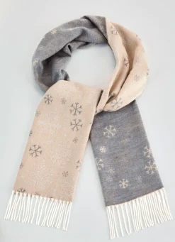 Hot BADER Schal mit Schneeflocken-Dessin GRAU-GOLDBEIGE-NATUR