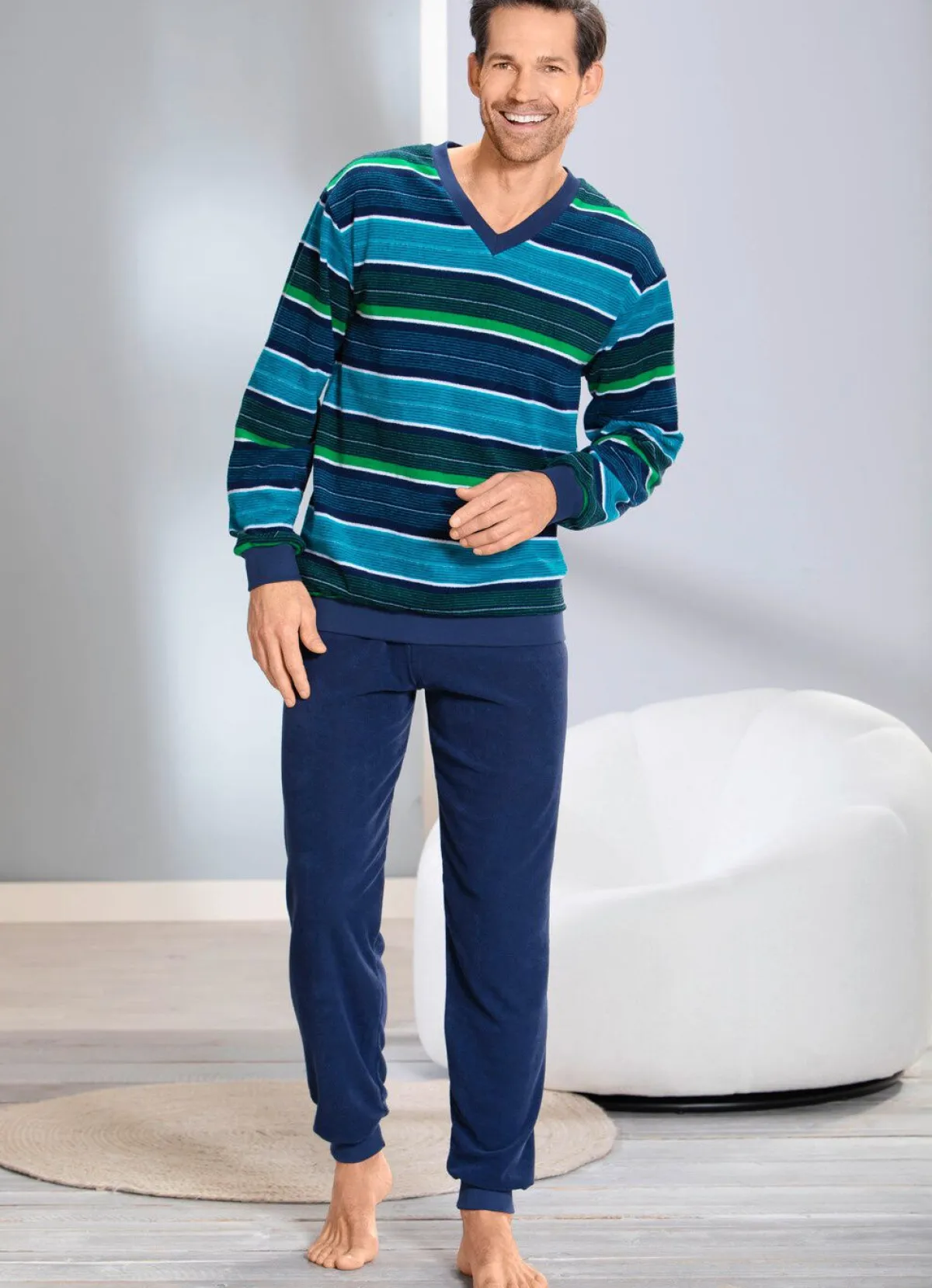 Sale BADER Schlafanzug aus Frottierstretch mit Bündchenabschlüssen MARINE-TÜRKIS