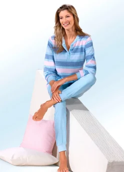 Clearance BADER Schlafanzug aus Frottierstretch mit garngefärbtem Ringeldessin HELLBLAU-ROSA