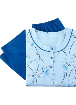 Hot BADER Schlafanzug, Langarm mit Knopfleiste AZUR-ROYALBLAU-BUNT