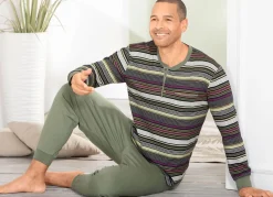 New BADER Schlafanzug mit Knopfleiste und Bündchenabschlüssen KHAKI-SCHWARZ-BORDEAUX