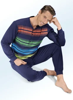 Hot BADER Schlafanzug mit Knopfleiste, Ärmel- und Beinbündchen MARINE-BUNT