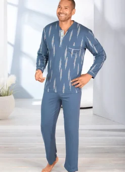 New BADER Schlafanzug mit Knopfleiste und offenen Abschlüssen JEANSBLAU-BUNT