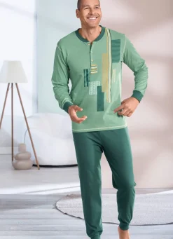 Clearance BADER Schlafanzug mit Knopfleiste und Bündchenabschlüssen JADEGRÜN-TANNE-BUNT