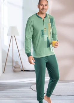 Clearance BADER Schlafanzug mit Knopfleiste und Bündchenabschlüssen JADEGRÜN-TANNE-BUNT